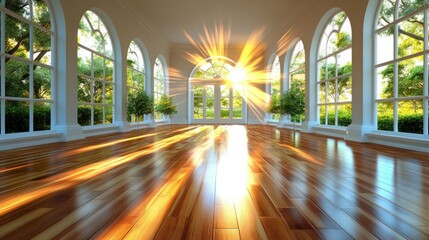Sunlight streams into elegant sunroom with hardwood floors