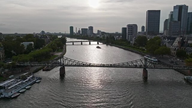 Aerial Drone View of the Iron Footbridge (Eiserner Steg) in Frankfurt, Germany &ndash; Historic Pedestrian Bridge Spanning the Main River, Offering Scenic Views of the City Skyline, Waterfront, and Cultural