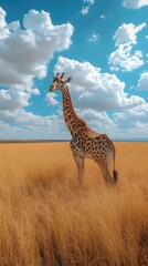 Fototapeta premium Giraffe stands gracefully amid tall golden grass under a bright blue sky with fluffy clouds in the savannah at midday