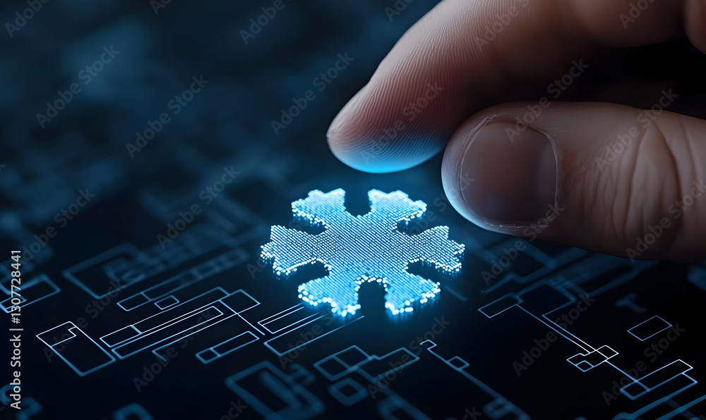 Poster hand touching digital snowflake on abstract technology background