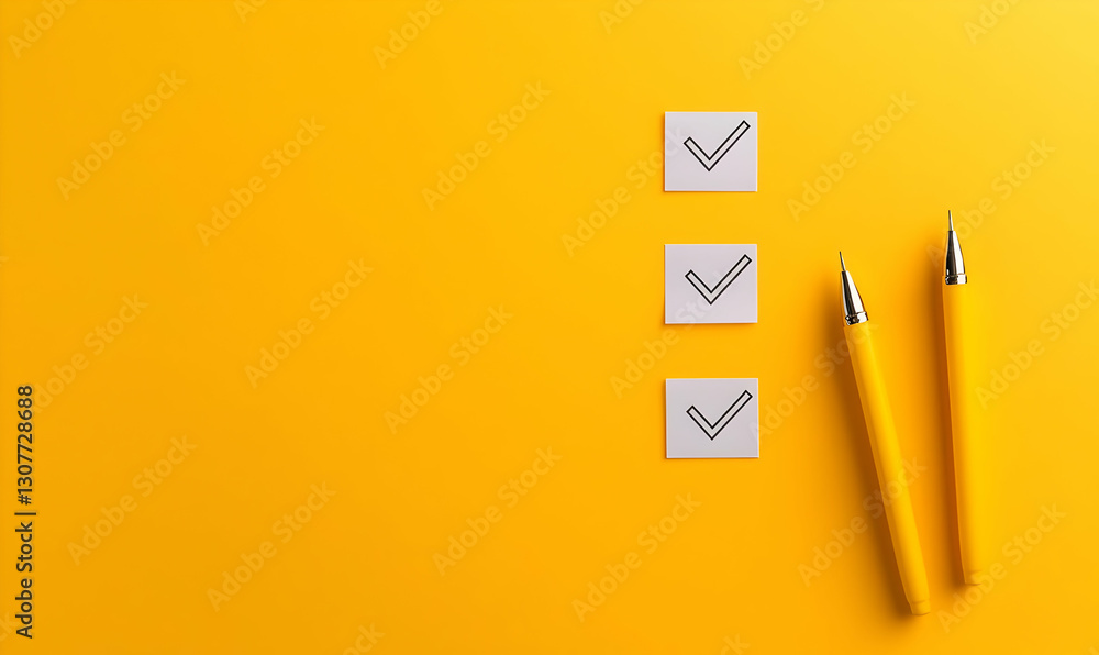 Poster yellow background with checklists and pens for task completion use