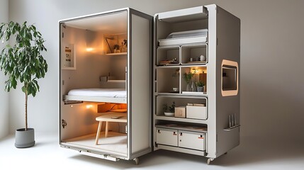 Space efficient interior design concept for urban apartments focusing on modular furniture concealed storage and ergonomic layouts