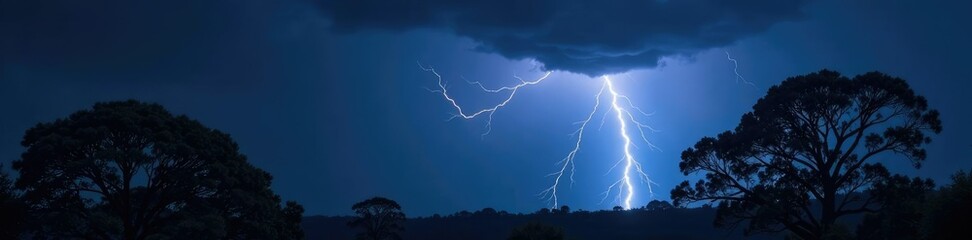 Dark stormy sky with lightning and isolated trees on black background, night, lightning, foliage