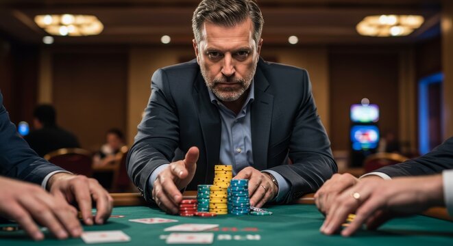 Man Playing Poker in Casino - A serious man sits at a poker table, chips stacked before him, intense focus on his game