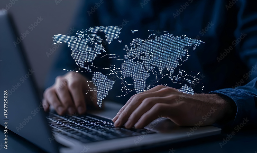 Poster hands typing on laptop with digital world map background overlay
