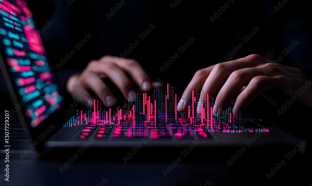 Aufkleber hands typing on laptop with digital data visualization in dark room