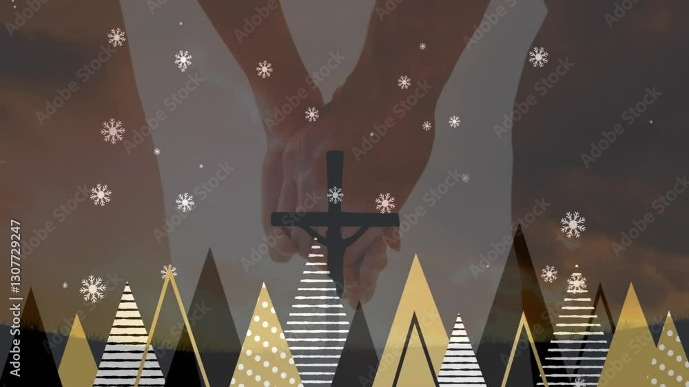 Poster hands holding cross over abstract trees and falling snowflakes animation