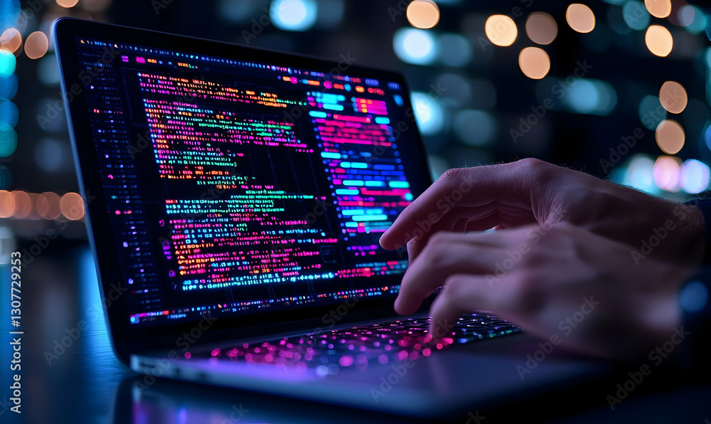 Poster close-up of hands typing on laptop with colorful code displayed