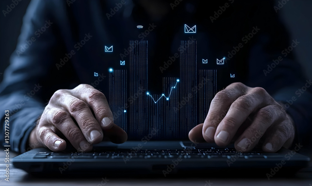 Poster hands typing on laptop with digital graph and email icons above
