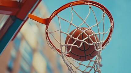 Fototapeta premium Basketball Swish: A Vibrant, Upward Shot of a Ball Entering the Net