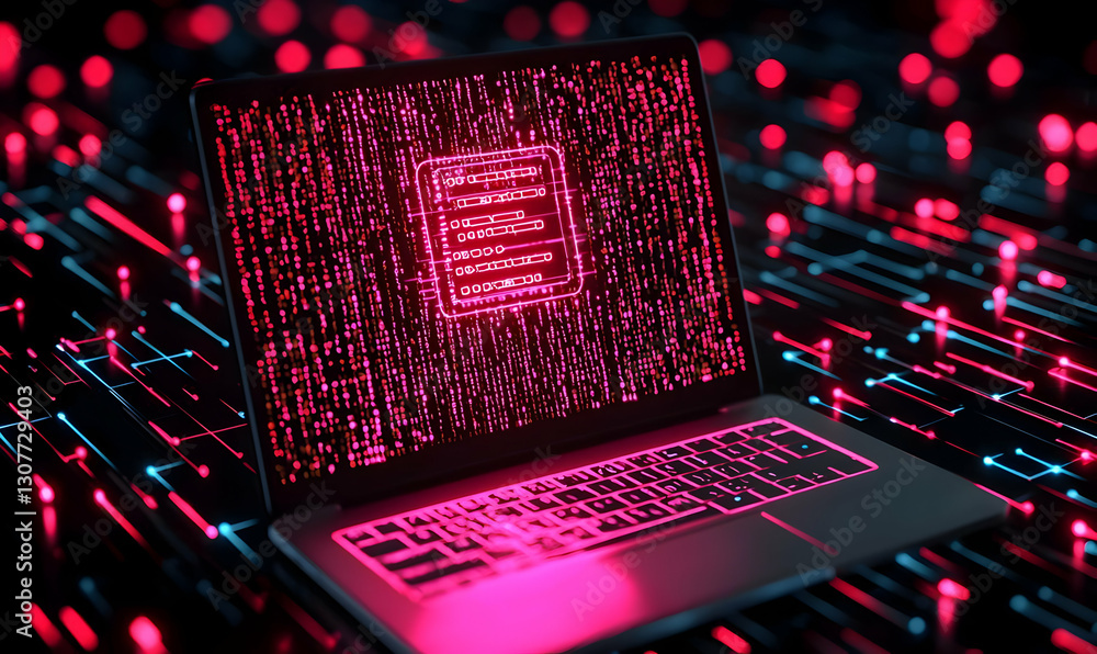 Poster Futuristic Laptop Displaying Data Streams and Neon Binary Code