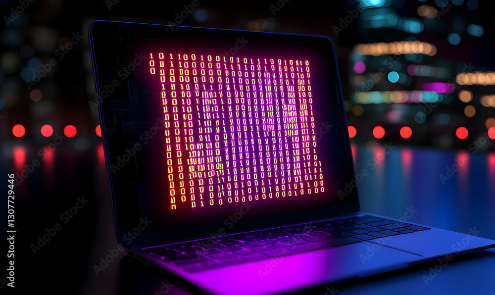Poster glowing binary code display on laptop in dark city environment