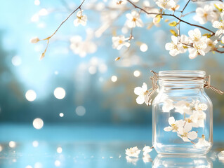 Spring blossoms in a glass jar on a reflective surface, with a blurred background of a sunny spring day, ideal for springtime greeting cards, blogs and websites