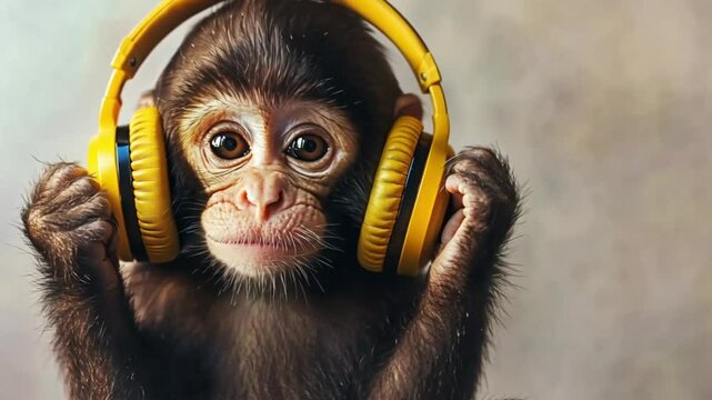 Cute Monkey Listening to Music with Headphones, Adorable Baby Animal, Happy Expression, Studio Shot, Stock Photo, Perfect for Kids' Books or Social Media