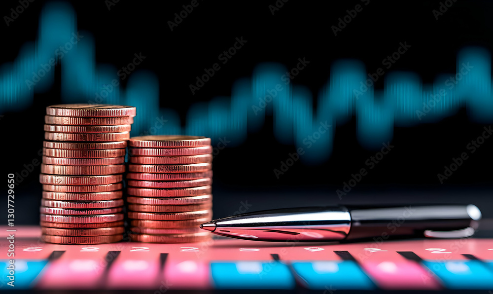 Poster stacks of coins with graph and pen on financial chart background