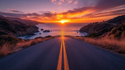 Coastal Highway Sunset Vista; dramatic sky; tranquil road; scenic view