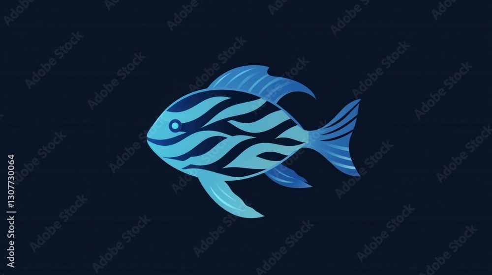 Poster minimalist abstract fish logo with wave patterns in cool blue tones for aquatic themes and brand ide