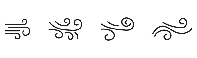 Fototapeta premium Wind linear sketch set, wind blow line icon. Isolated vector illustration. Wind motion, air blow, swirl elements. Air blow motion, smoke flow art, windy weather symbol, abstract curved line.