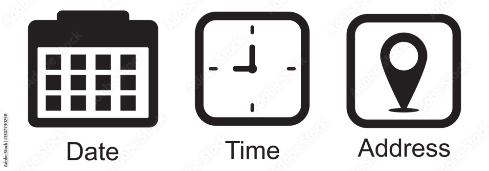 Poster time, date and address icon set. calendar, clock, location. editable stroke. linear vector outline i