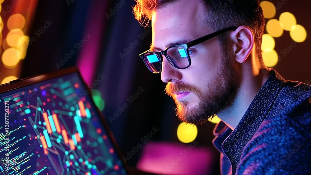Poster tech-savvy individual utilizing cutting-edge iot software on a laptop.