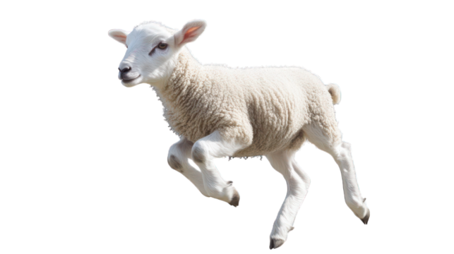 A realistic lamb bounding across a field with its wool rendered in intricate detail and a playful expression,