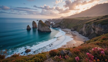 Coastal serenity: Turquoise waters meet rugged cliffs and sandy beaches under a tranquil sunset. Nature's breathtaking beauty unfolds.