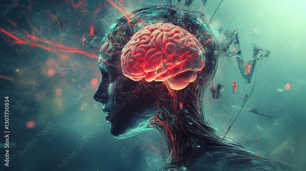 Poster heart and brain interconnected in a futuristic design, symbolizing the interplay between emotions an