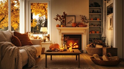 A cozy living room scene with a fireplace and autumn decor creates a warm ambiance