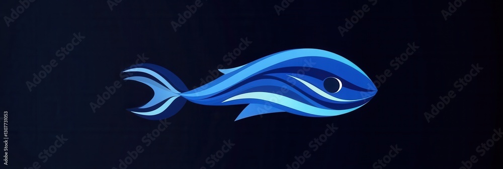 Poster abstract fish logo design featuring wave patterns and a minimalist aquatic theme in cool blue tones 