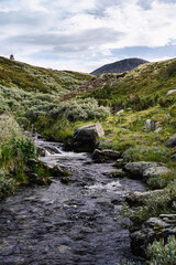 A mountain stream meanders through the rugged tundra wilderness in Rondane National Park in Norway, with the peak of Mount Muen in the background under an cloudy sky