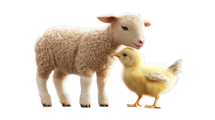A whimsical yet ultra-realistic scene featuring a lamb gently nuzzling a baby chick, with each texture and detail meticulously rendered,