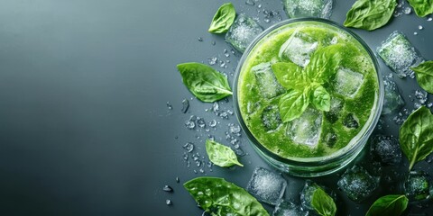 Refreshing green smoothie garnished with fresh basil leaves and ice cubes on a dark surface