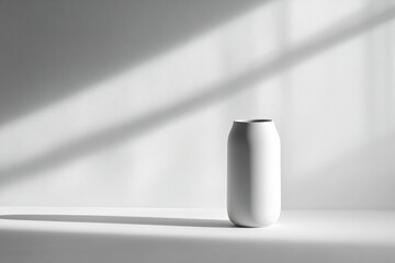 A minimalist white cylindrical vase sits on a white surface, bathed in soft, natural light.