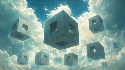 Floating concrete cubes drift serenely amidst bright blue sky and fluffy white clouds creating a peaceful ethereal scene.. AI Generated