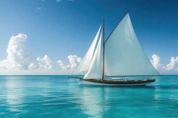 Fototapeta premium A classic sailboat glides serenely across a turquoise ocean under a bright blue sky, peaceful and majestic.