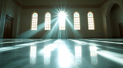 Sunbeams illuminate a mosque's interior, creating a serene atmosphere; perfect for spirituality, peace, or religious themes