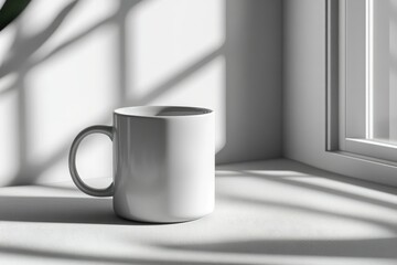 Obraz premium A plain white mug sits on a windowsill, bathed in sunlight.