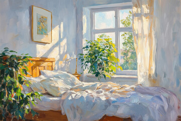 A beautifully lit bedroom with warm wooden furniture, lush green plants, and soft morning sunlight streaming through a large window.  