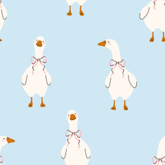 Seamless goose pattern with a bow on a blue background. Vector illustration for printing on fabric, wrapping paper, cute children's background