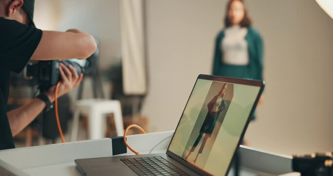 Laptop screen, photography and production with people in studio for backstage photo shoot. Behind the scenes, computer or fashion with model and photographer in session for magazine or media