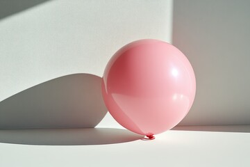 A single pink balloon casts a shadow on a white surface, illuminated by sunlight.