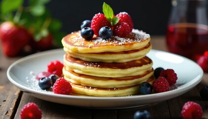Fluffy pancakes stacked high with wild berries, cottage cheese, pancakes