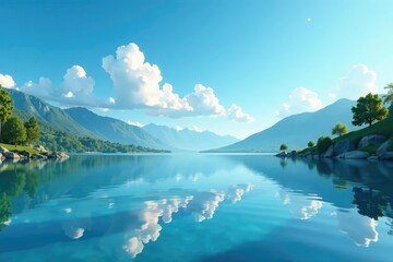 Fluffy white clouds are reflected in a calm lake surface, reflective, lake