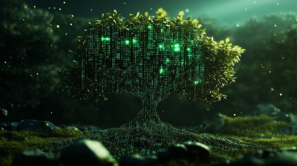 A tree made with digital technology, its roots made of binary code.  