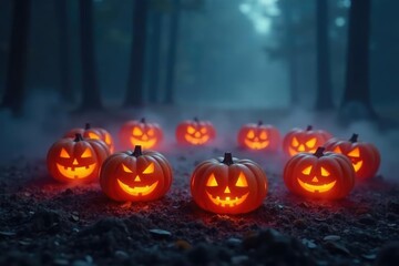 Naklejka premium Fog surrounds a circle of softly lit jack o lanterns, glowing,, fog