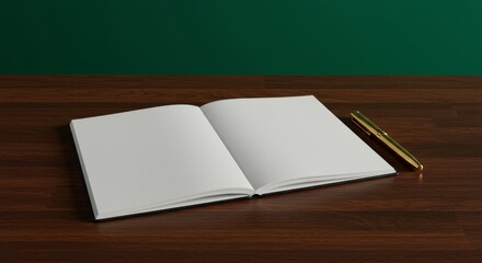 Fototapeta premium Open Notebook and Gold Pen on Wooden Desk - A blank notebook and gold pen rest on a dark wood surface against a green backdrop. Symbolizing potential, creativity, planning, writing, and new beginnings