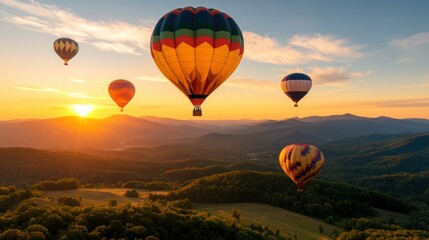 Obraz premium Colorful hot air balloons over mountain valley at sunrise