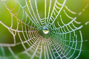 Fototapeta premium A spiderweb glistening with morning dew, a delicate masterpiece of nature's artistry.