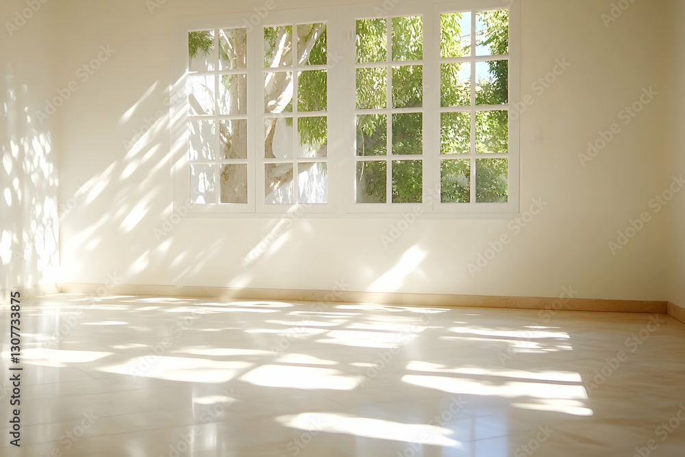 Poster sunlight streams through large windows in an empty room, illuminating the light wooden floor. ideal 