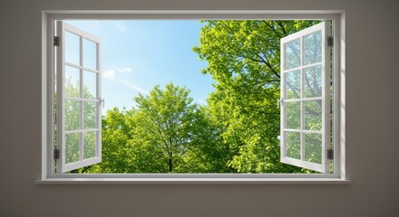 Open Window View of Lush Green Trees - Serene landscape seen through an open window, symbolizing freedom, nature, renewal, peace, and hope